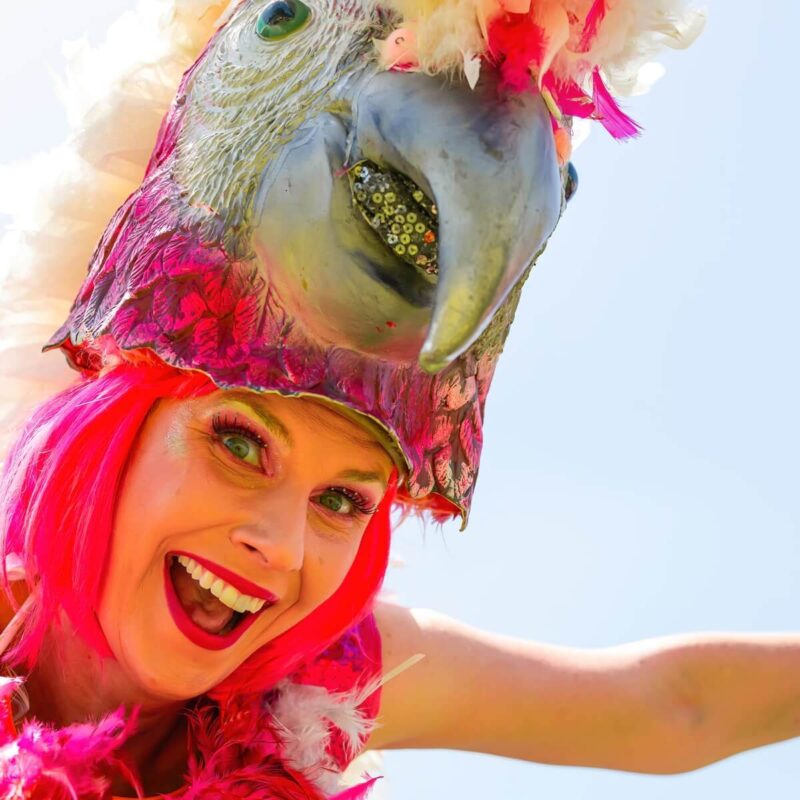 Woman in a pink costume with a bird head